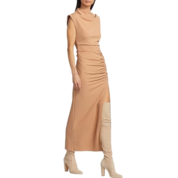 Anthropologie Maya Midi Sheath Dress Cedar Brown Sleeveless Ruched Petite PM - Picture 2 of 11